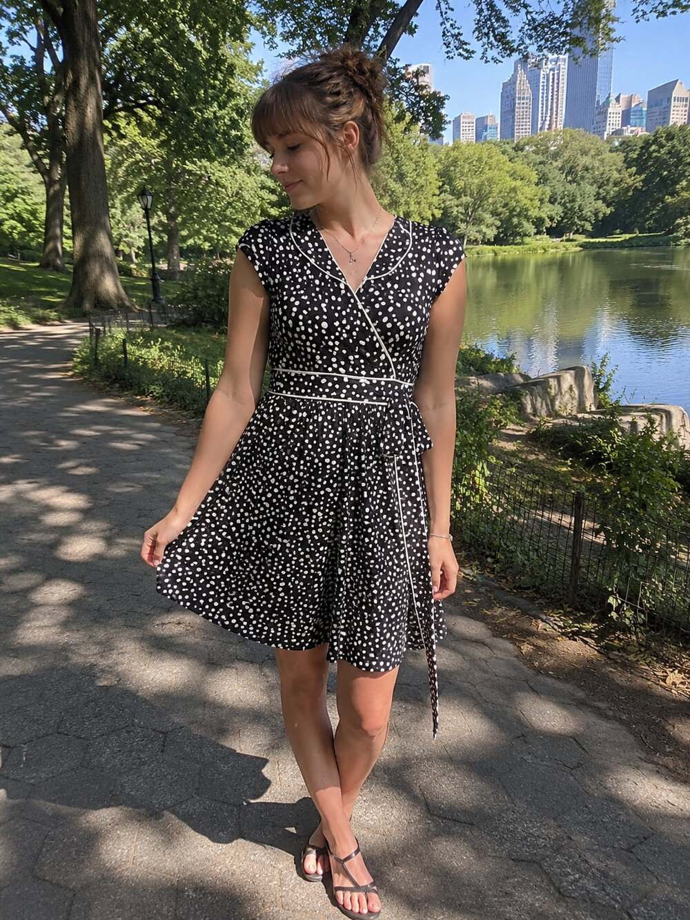 Jody California Vintage Polka Dot Wrap Style Midi Dress with Contrast Piping